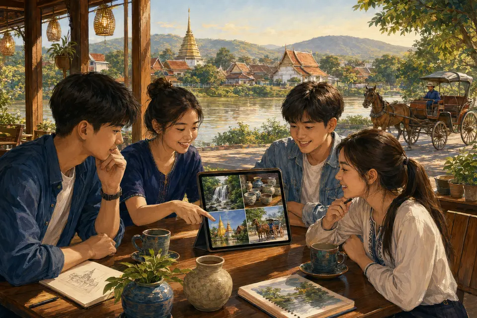 Illustrated Northern Thailand scene for Weekend Plans, Technology, and Thai Culture