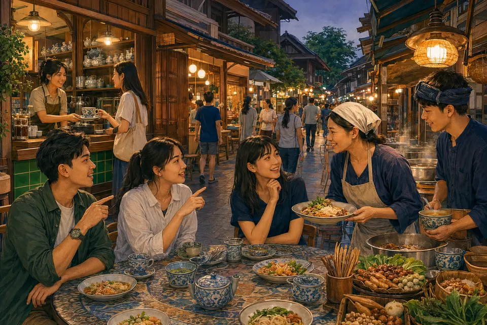 Illustrated Lampang and Northern Thailand real-life scene for At a Café, Restaurant, and Street-Food Stall