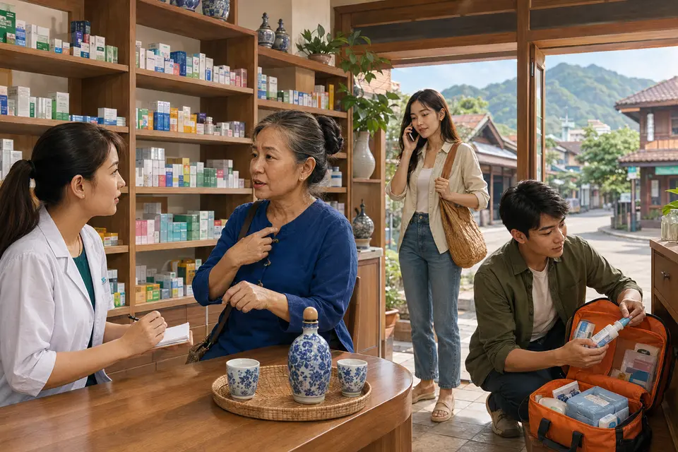 Illustrated Lampang and Northern Thailand real-life scene for Health, Pharmacy, Appointments, and Emergencies