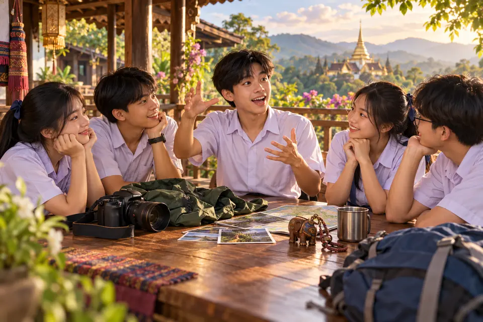 Illustrated Thai teenage connected-English scene for Memorable Experiences and Stories