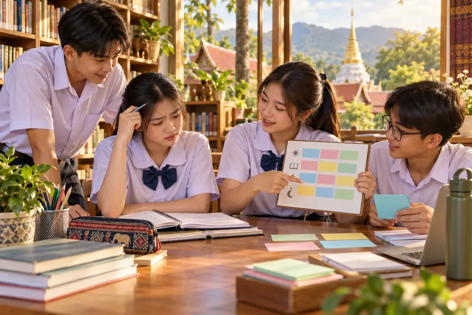 Illustrated Thai teenage connected-English scene for School Problems and Study Skills