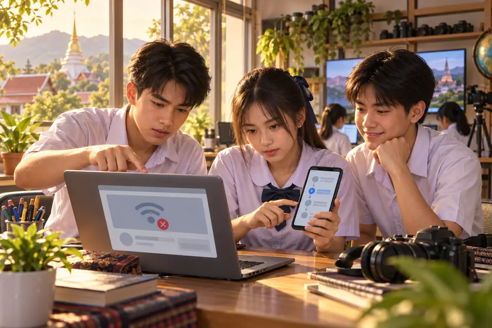 Illustrated Thai teenage connected-English scene for Technology and Online Problems