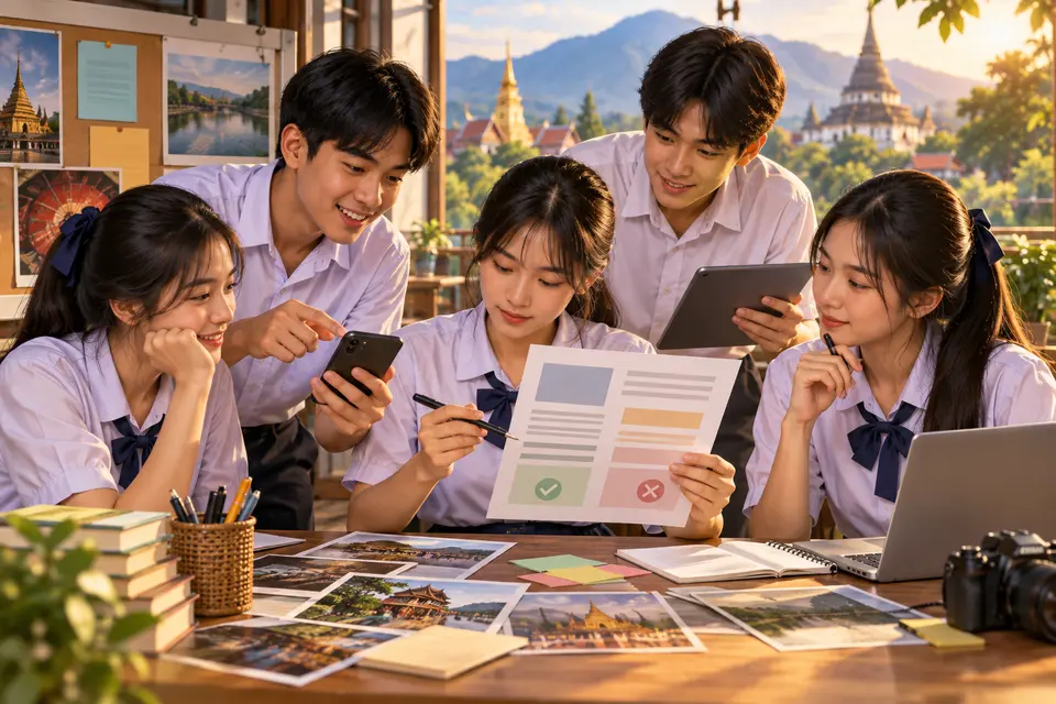 Illustrated Thai teenage connected-English scene for Messages, Information, Fact, and Opinion