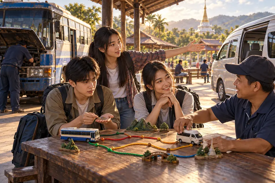 Illustrated Thai teenage real-world English scene for Travel and Unexpected Problems