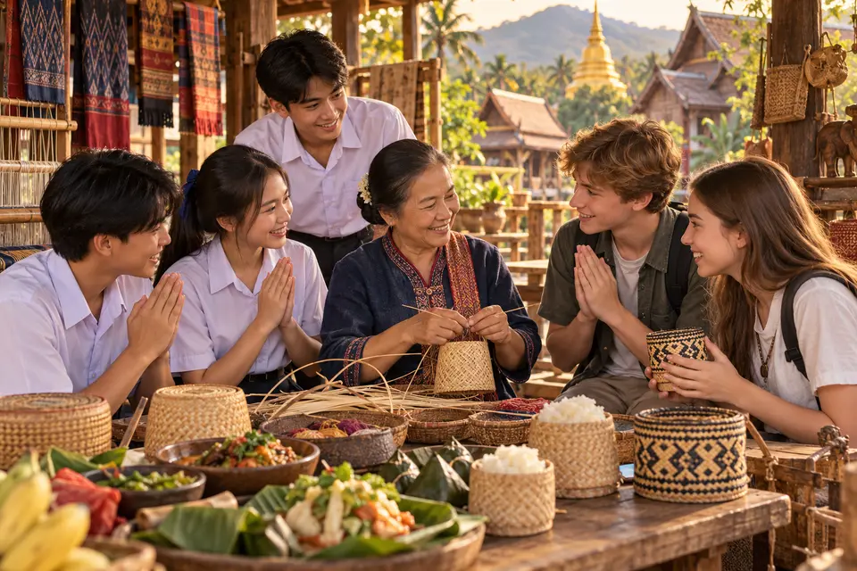 Illustrated Thai teenage real-world English scene for Thai Culture and Cultural Comparison