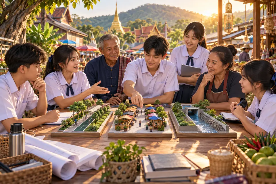 Illustrated Thai teenage real-world English scene for Community Problem-Solving