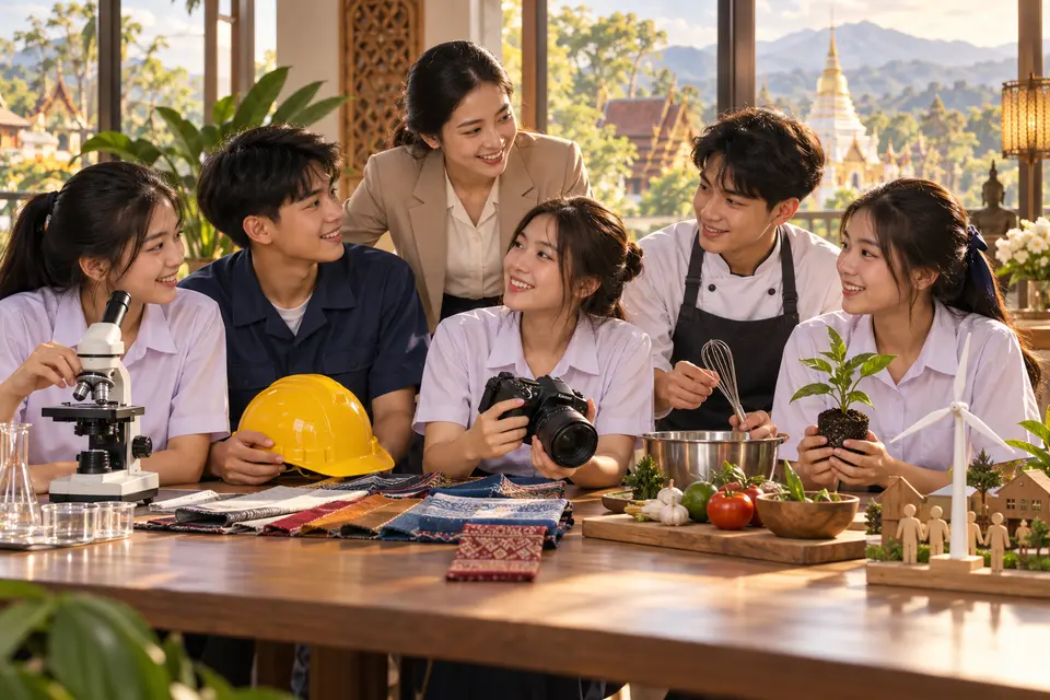 Illustrated Thai teenage real-world English scene for Future Study, Goals, and Careers