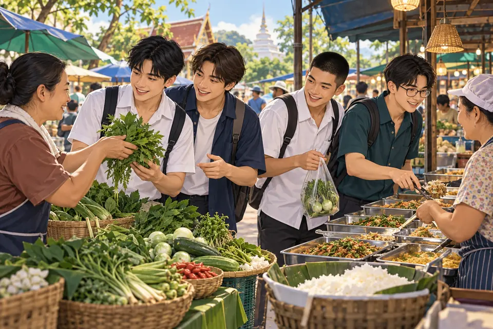 ภาพกลุ่มนักเรียนชายบนระเบียงบ้านเชียงใหม่และลำปางหลังฝนในแสงสีน้ำเงินยามค่ำ