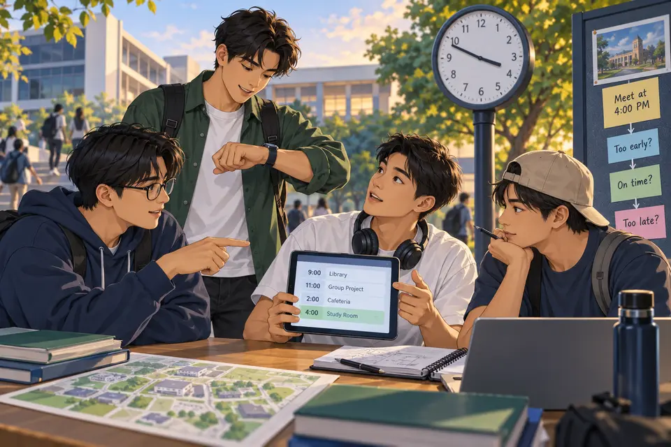Lesson 42: Telling Time and Making Plans — ภาพประกอบบทเรียน 42: การบอกเวลาและนัดหมาย